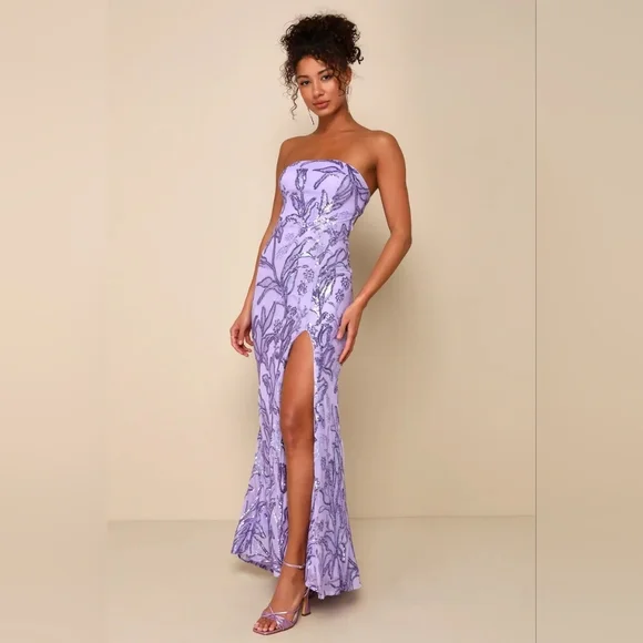 Lulus Shimmering Icon Lavender Sequin Lace-Up Strapless Maxi Dress M Party Prom - Picture 3 of 12